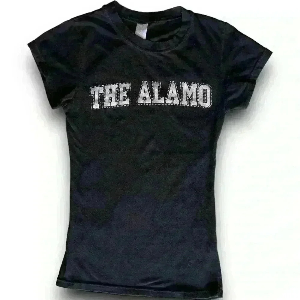 The Alamo Y2K Black T-Shirt Souvenir Rhinestone Embellished Short Sleeve Sparkle